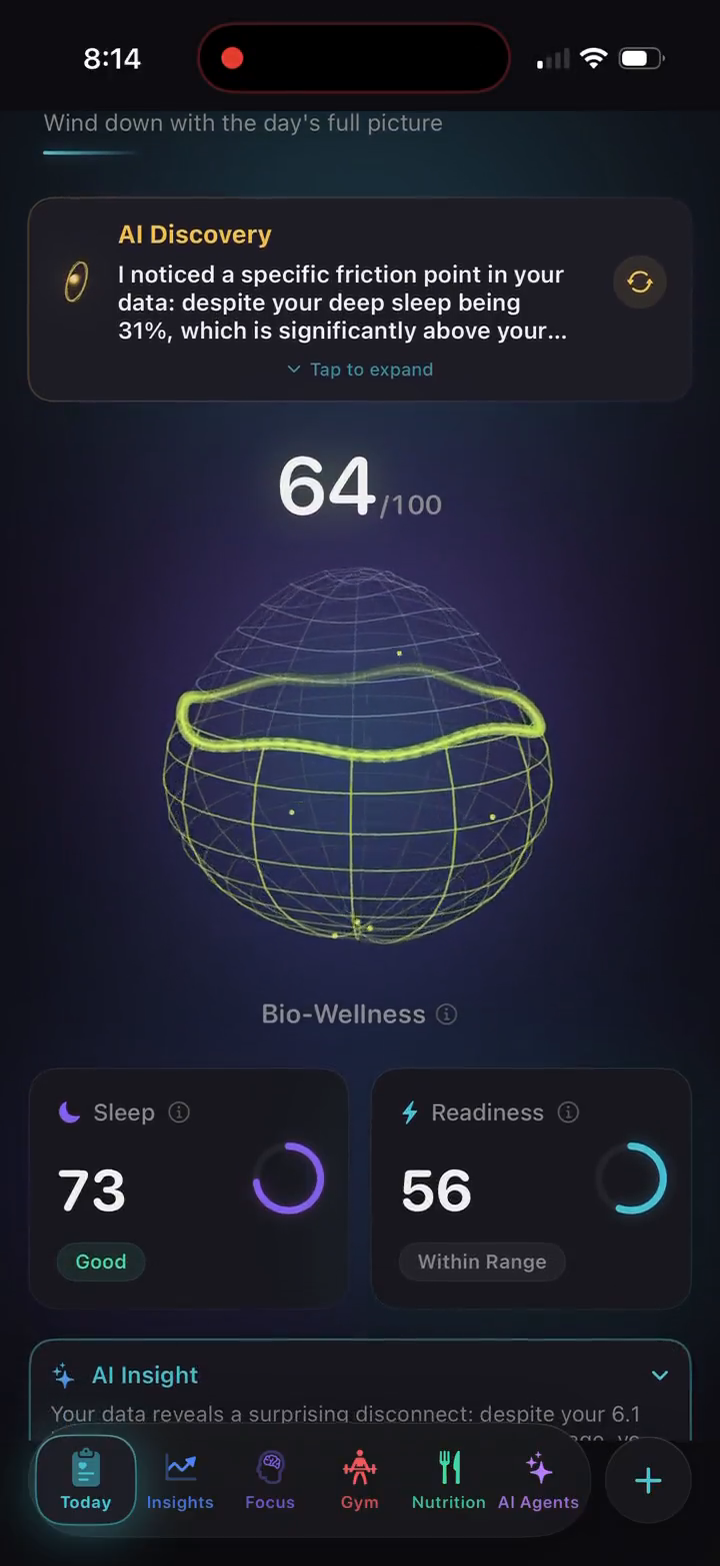 Recorded WellVue Today view showing a wellness overview, sleep and readiness cards, and an AI insight